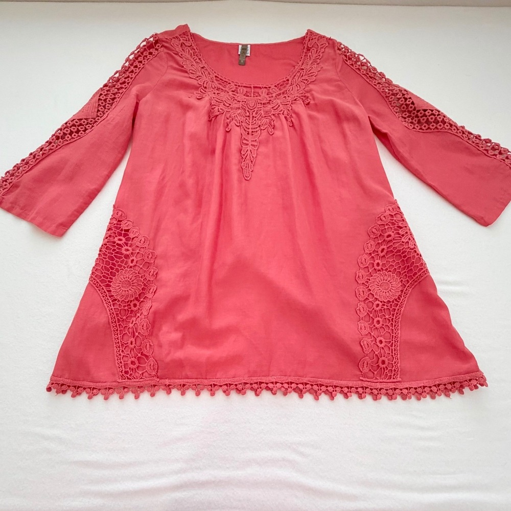 XCVI Coral Pink Cotton Silk Crochet Lace Tunic Top Bohemian Romantic Beachy Sz M - Picture 15 of 16